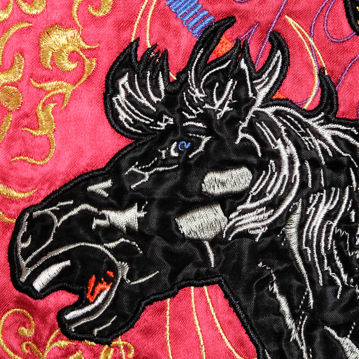 Miyabi Musubi ZENBU Japanese Japan Badass Black Red Yakuza Yanki Dragon Horse Uma Samurai Warrior Musha Warrior Embroidered Embroidery Sukajan Souvenir Sukajum Skajum Tattoo Art Design Yokosuka Jumper Bomber Jacket ( Size : L )
