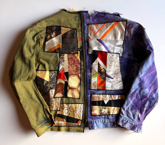 COTÉ MER Kimono Obi Patchwork Denim Remake Jacket L XL Japanese One of One Harajuku Streetwear Wearable Art