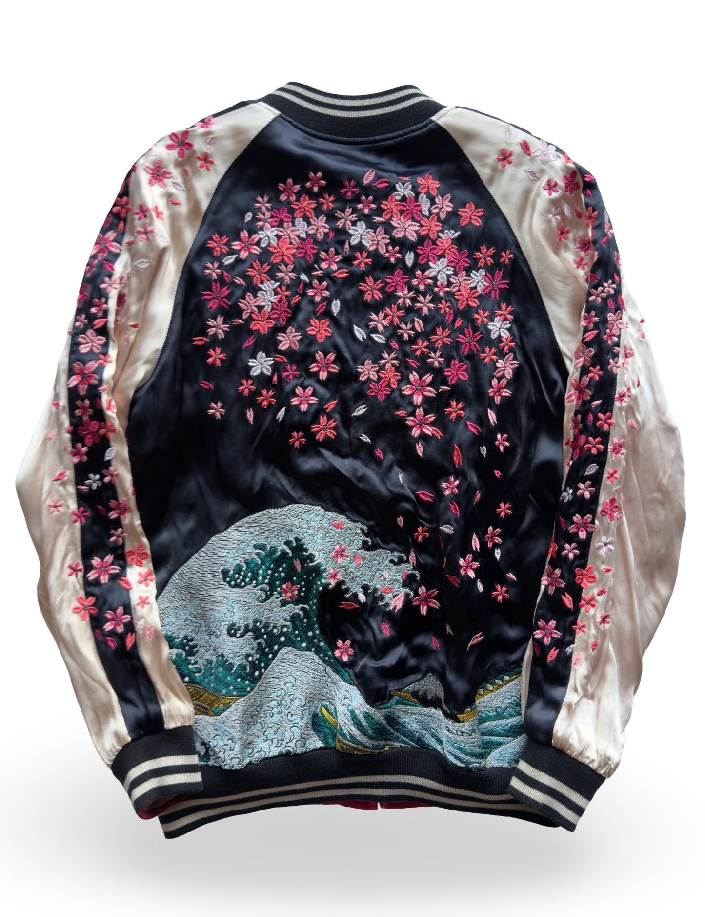 Miyabi Musubi Reversible Sukajan – Rising Koi & Hokusai Great Wave, Sakura Storm Embroidery, Japonisme Japanese Souvenir Jacket