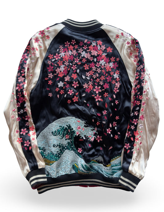 Miyabi Musubi Reversible Sukajan – Rising Koi & Hokusai Great Wave, Sakura Storm Embroidery, Japonisme Japanese Souvenir Jacket