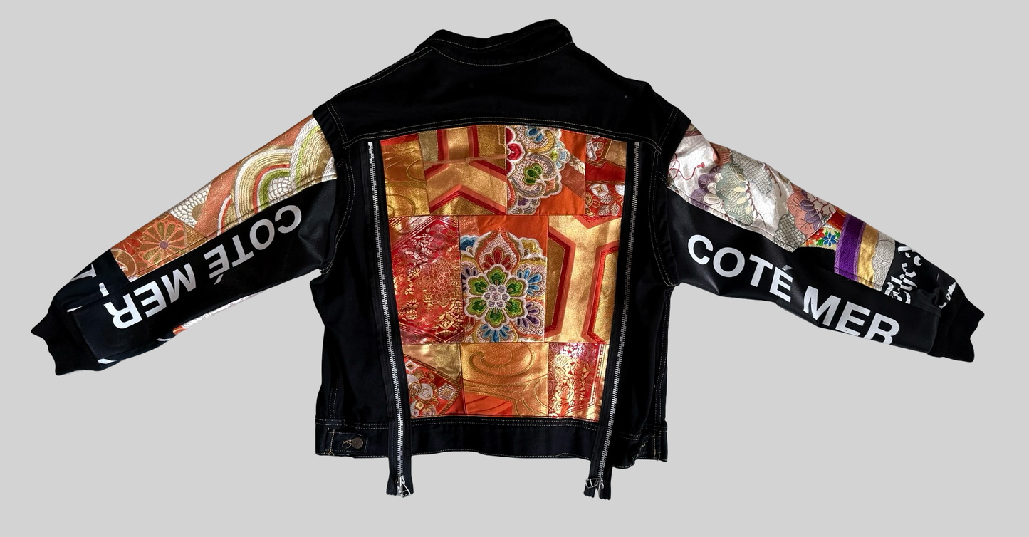COTE MER Kimono Obi Remake Denim Jacket Silk Brocade Patchwork Japanese Upcycled Designer Jacket L XL