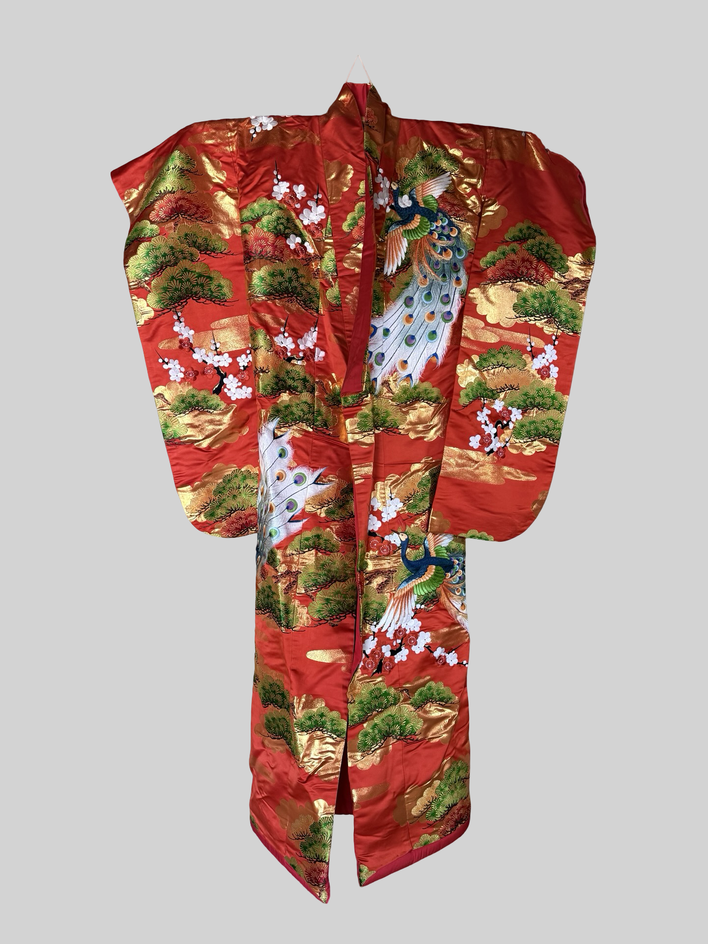 Vintage Uchikake Wedding Kimono Phoenix Silk Embroidered Bridal Robe Japanese Red Gold Brocade Crane Kimono Gown