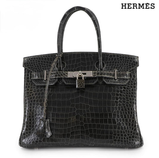Hermès Birkin 30 Crocodile Porosus Graphite Silver Hardware J Stamp Exotic Luxury Handbag Rare Collector Grade