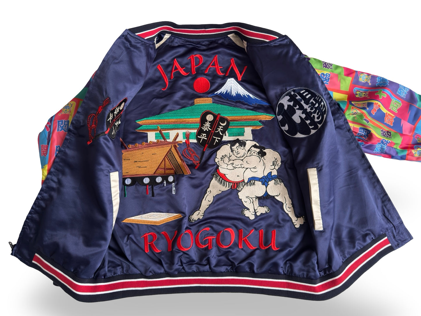 Dope Reversible Ryogoku Sumo Sukajan Jacket – Mt. Fuji Embroidery, Neon Banner Side, Premium Japanese Souvenir Art