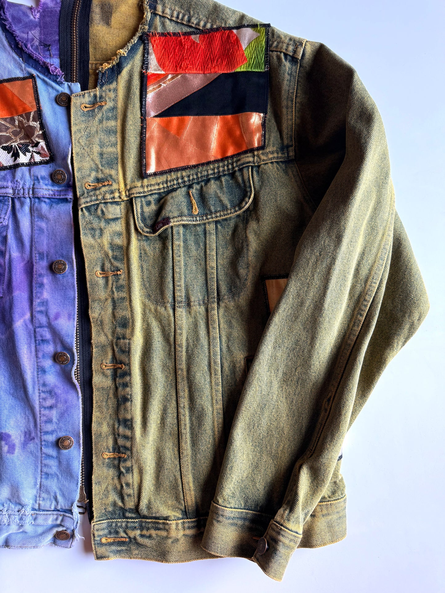 COTÉ MER Kimono Obi Patchwork Denim Remake Jacket L XL Japanese One of One Harajuku Streetwear Wearable Art