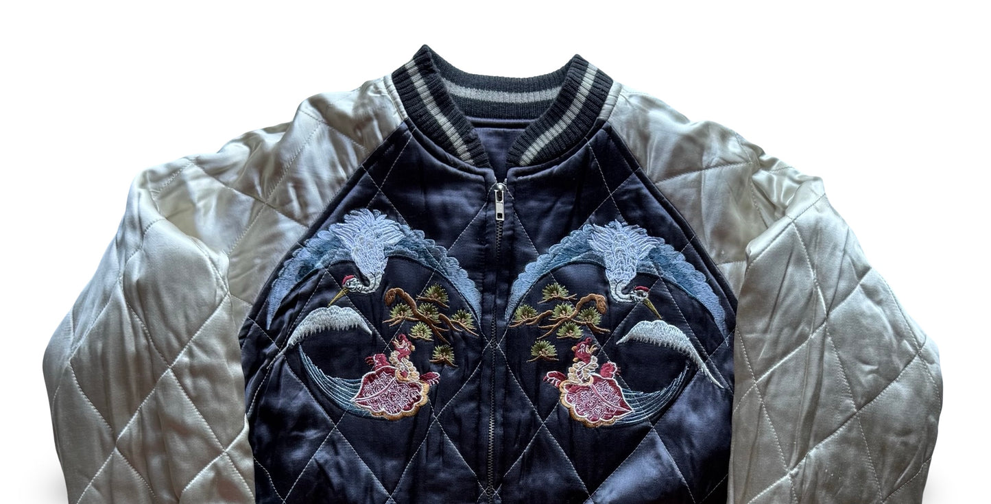 Vintage Reversible Sukajan Crane Turtle Butterfly Jacket, Japanese Satin Souvenir Bomber with Chrysanthemum Embroidery