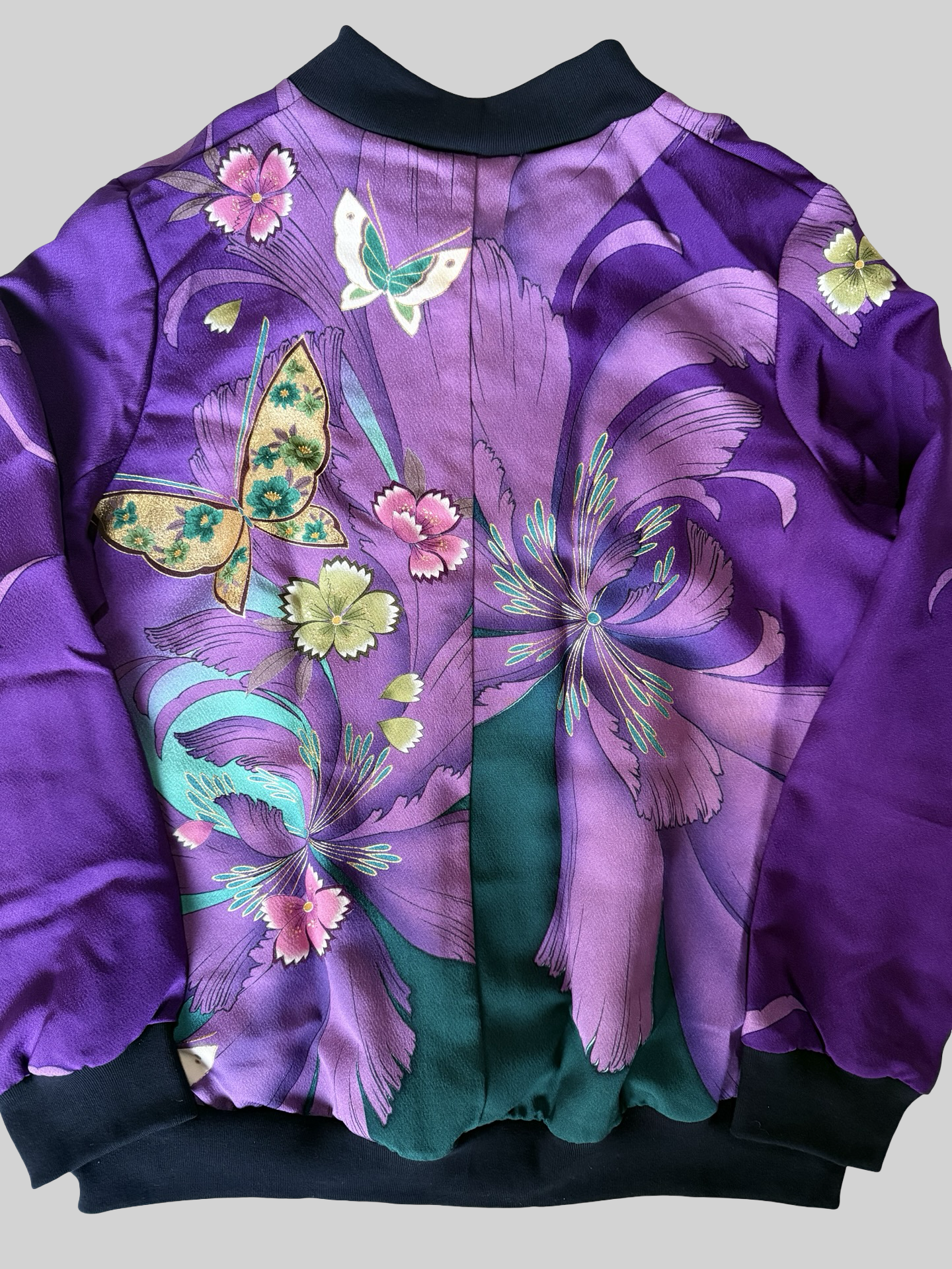 Kimono Remake Silk Bomber Jacket Purple Floral Butterfly Sukajan Japanese Upcycled Textile Art Piece