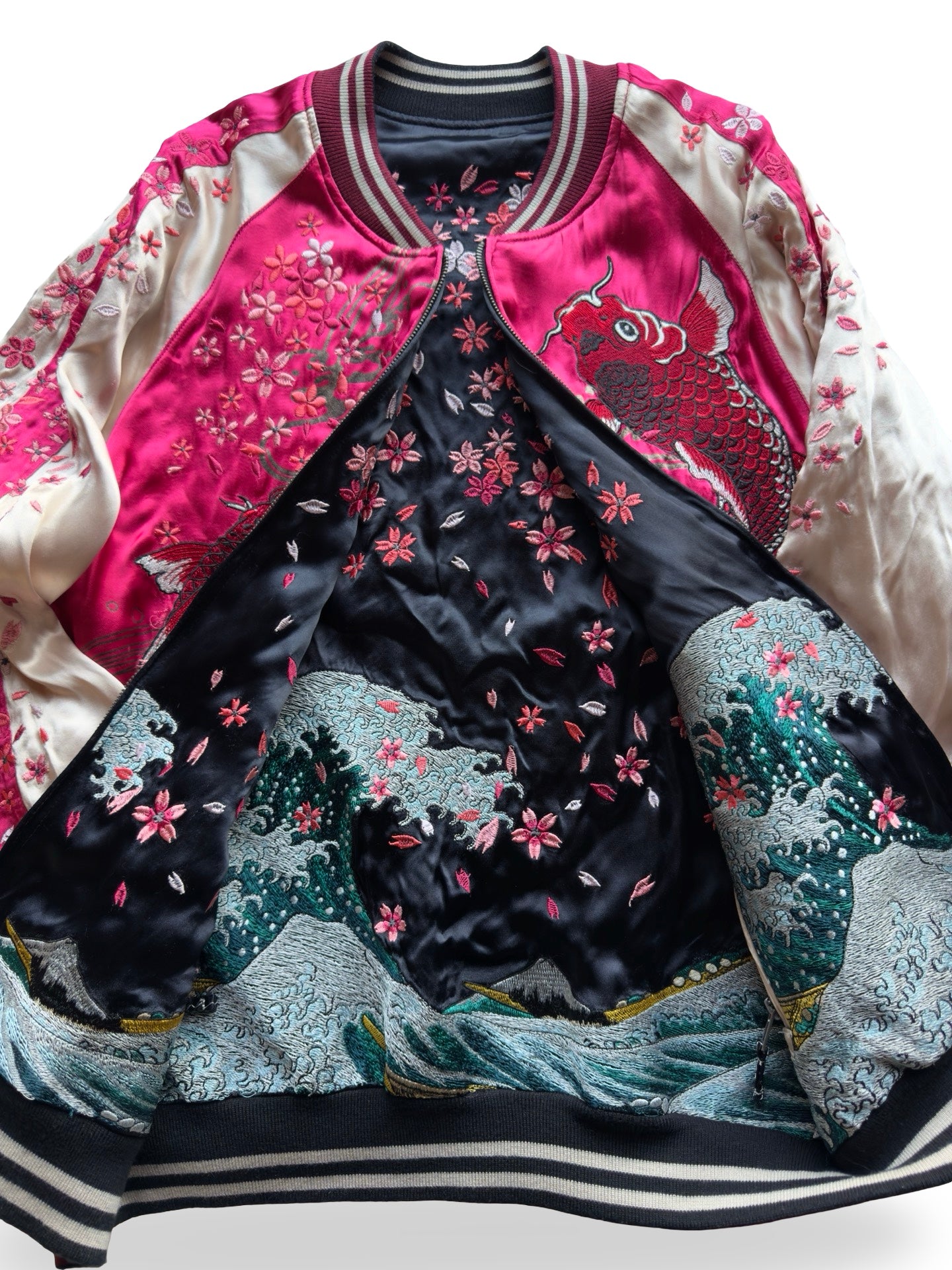 Miyabi Musubi Reversible Sukajan – Rising Koi & Hokusai Great Wave, Sakura Storm Embroidery, Japonisme Japanese Souvenir Jacket