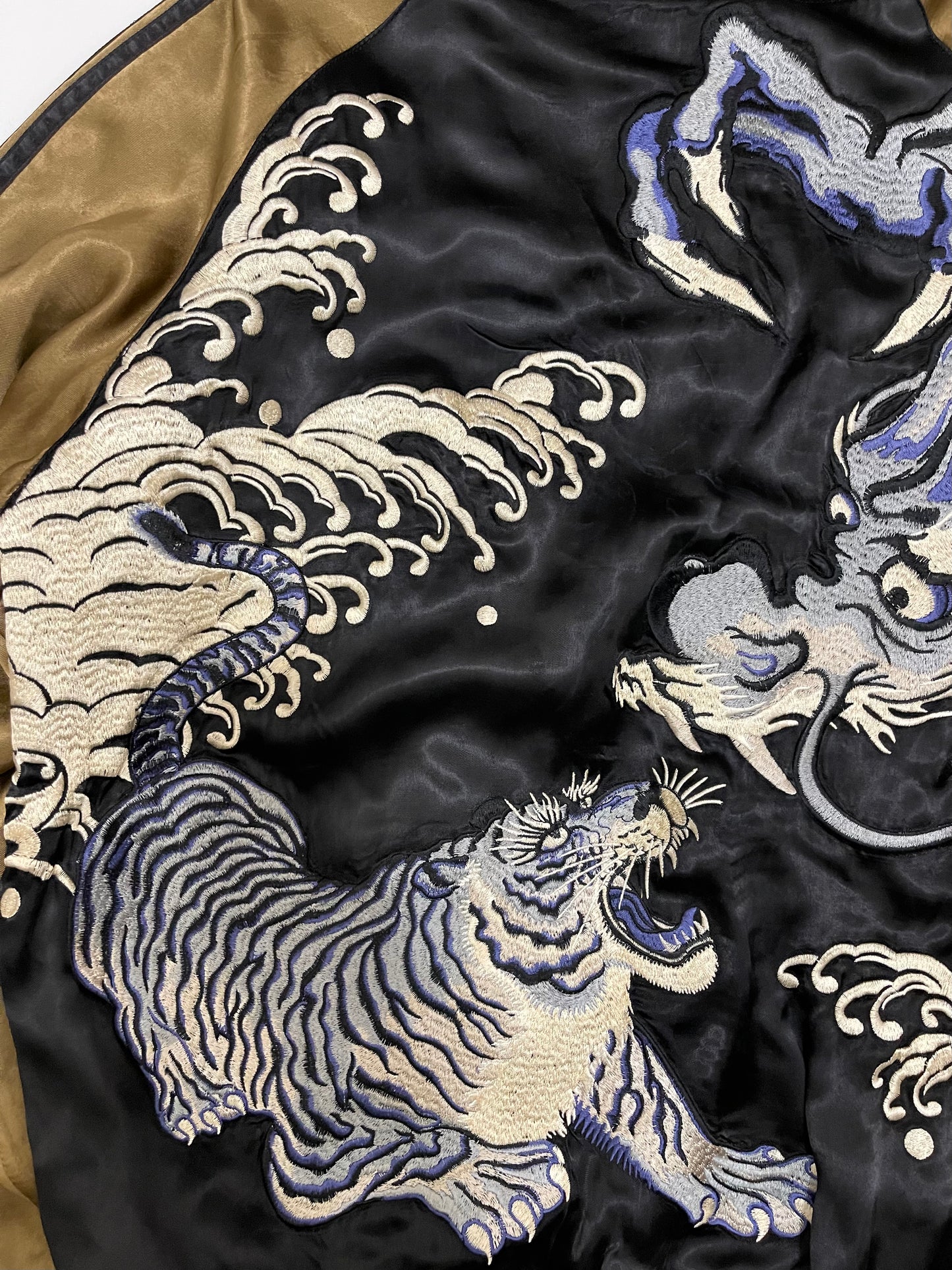 SATORI Japanese Yakuza Street Fashion Tiger Vs. Dragon Hokusai Wave Nami Ukiyoe Tattoo Art Design Yokosuka Jumper Reversible Embroidered Embroidery Sukajan Souvenir Sukajum Skajum Jacket ( Size : XL )