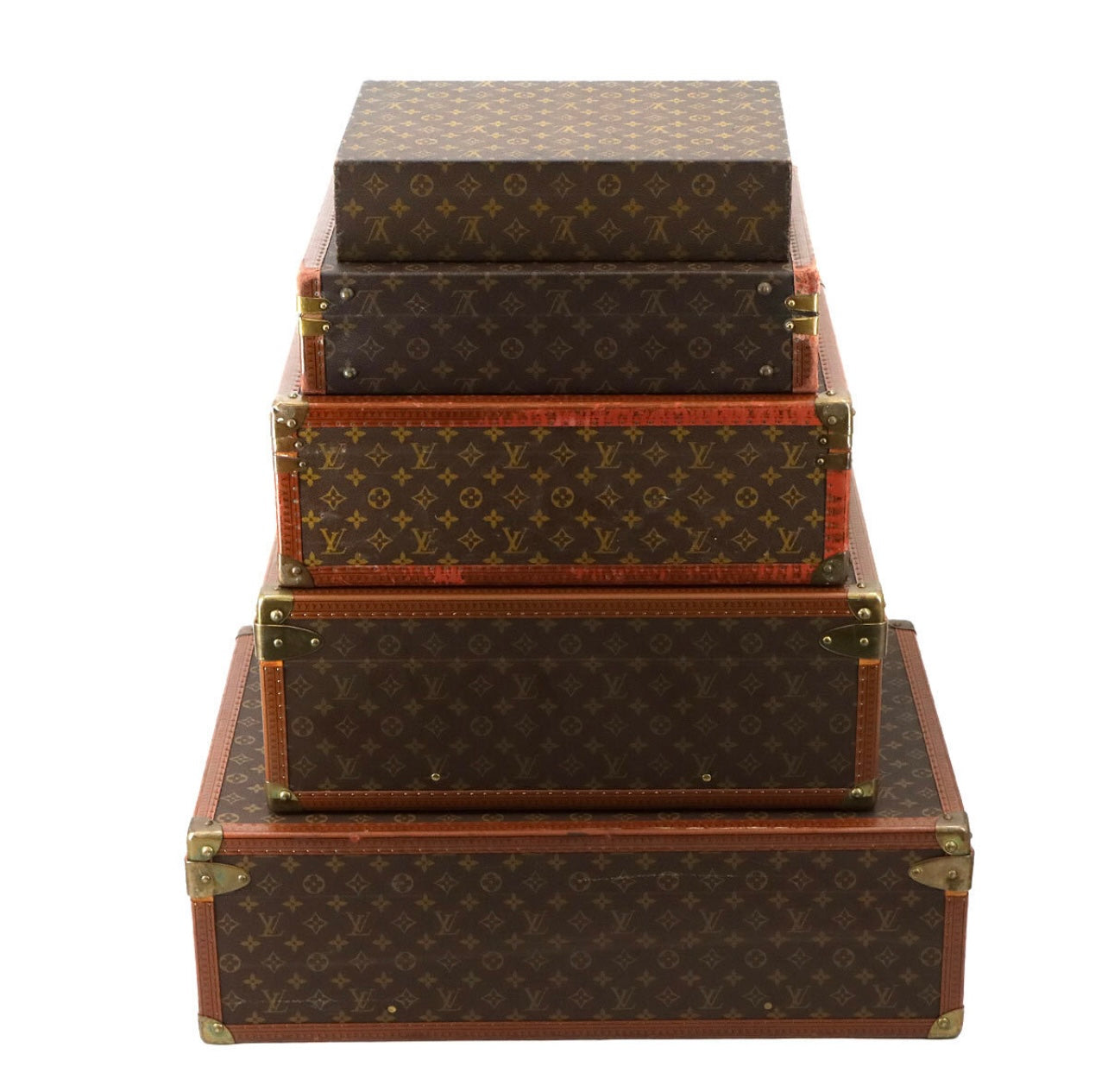 Louis Vuitton Vintage Monogram Trunk Tower Set of 5 – Brass Hardware, Collectible LV Travel Cases, Interior Décor Stack