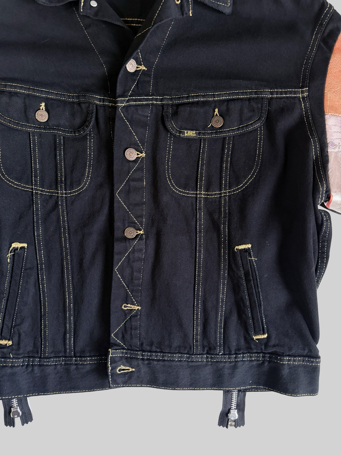 COTE MER Kimono Obi Remake Denim Jacket Silk Brocade Patchwork Japanese Upcycled Designer Jacket L XL