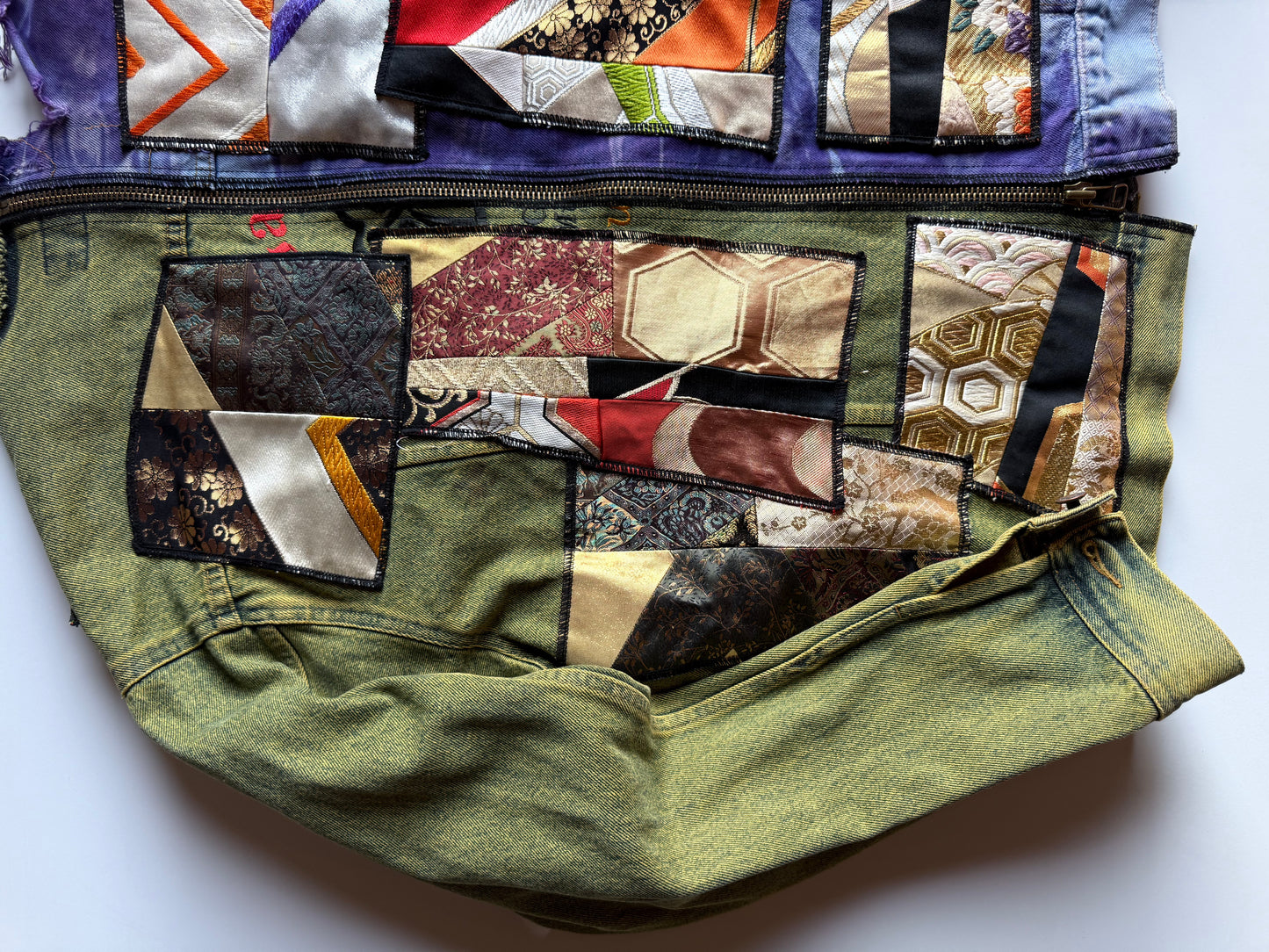 COTÉ MER Kimono Obi Patchwork Denim Remake Jacket L XL Japanese One of One Harajuku Streetwear Wearable Art