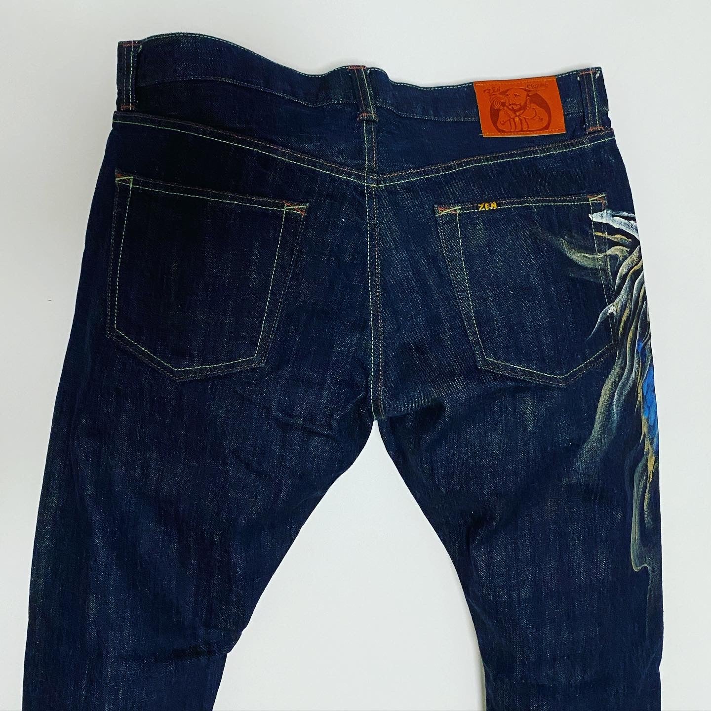 Vintage ZEN Premium Japanese Oni Shishi Hand Painted Art Denim Jeans | Made in Japan | Buddhist Guardian Yokai Streetwear