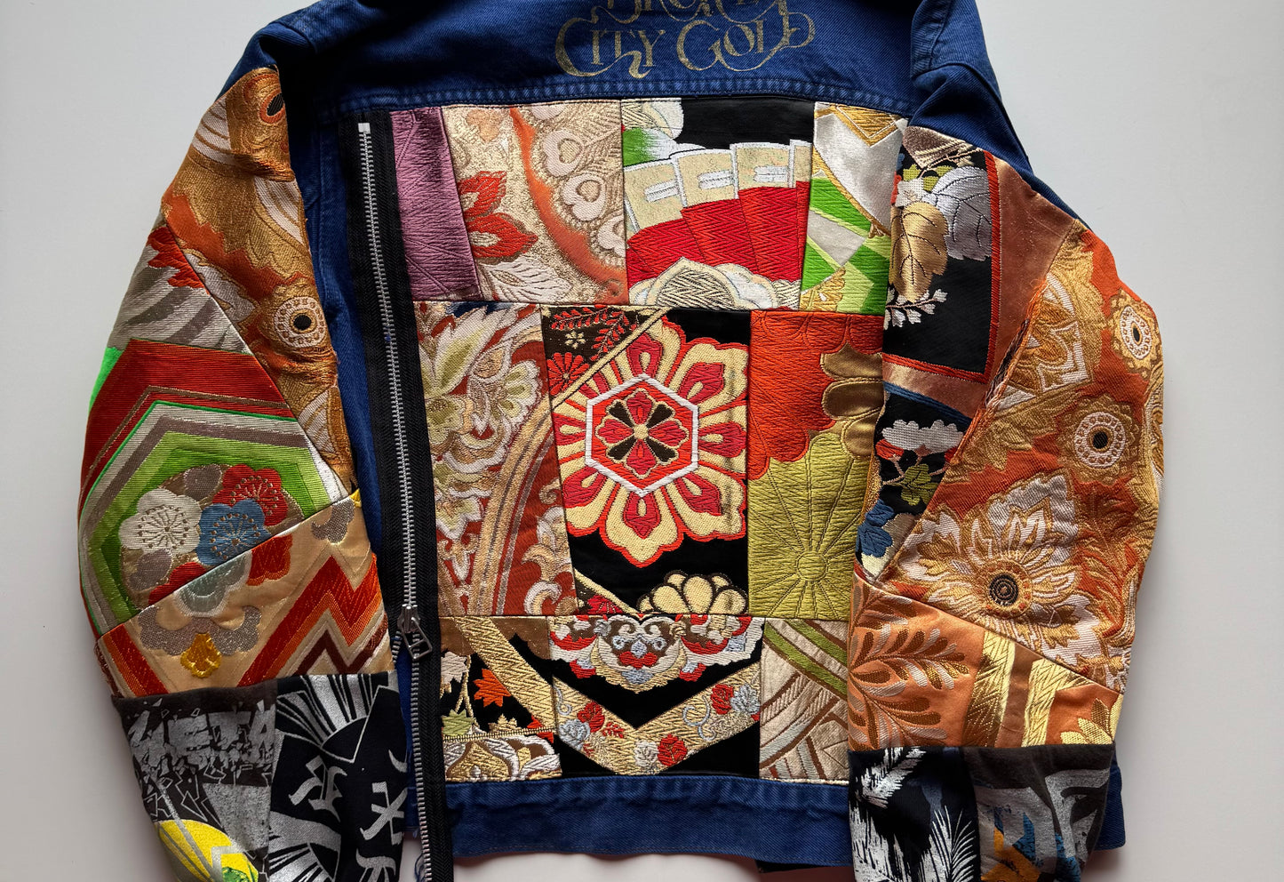 Broke City Gold COTÉ MER Kimono Obi Denim Jacket, One of One Japanese Patchwork Harajuku Streetwear Wagara Remake