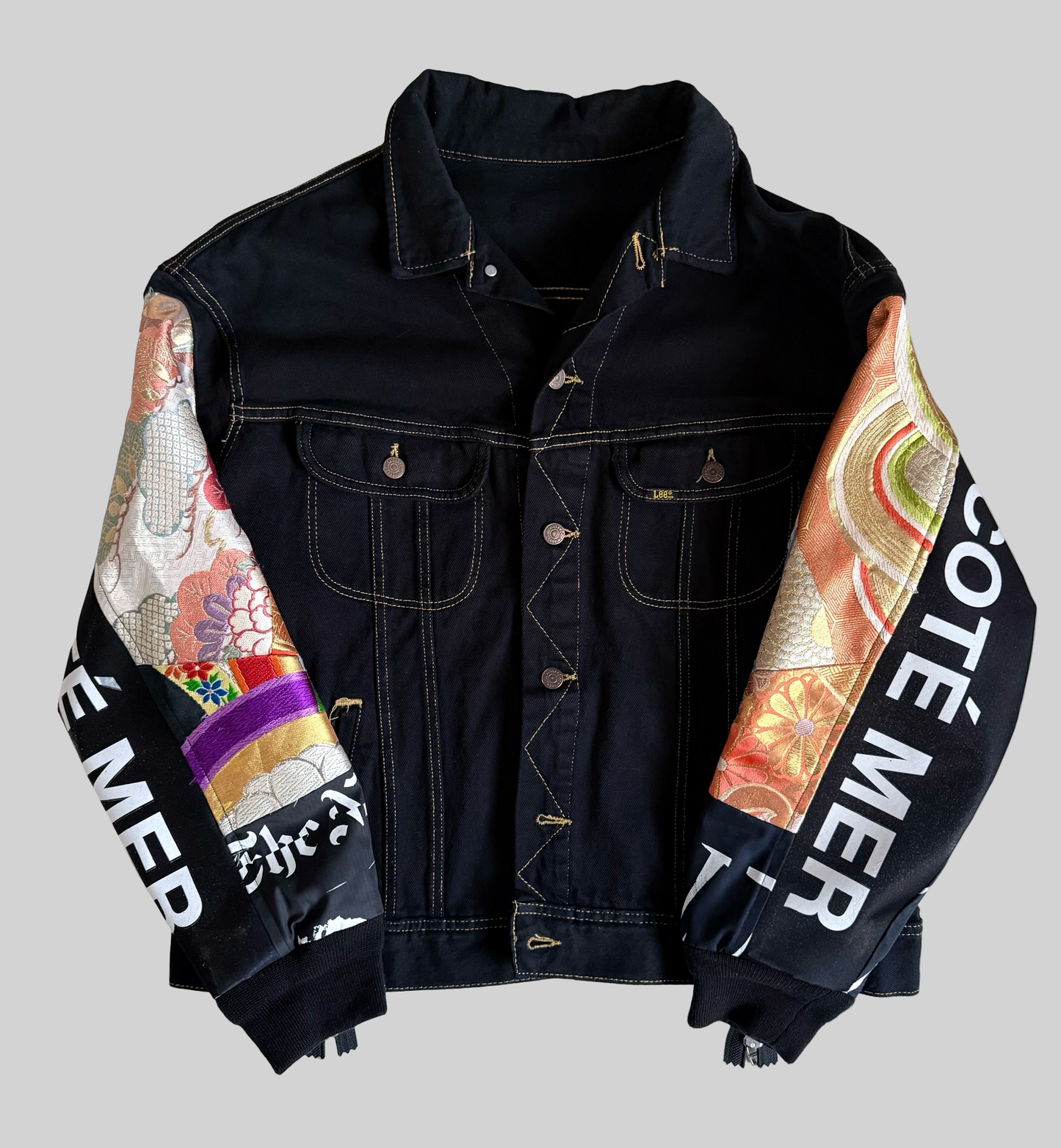 COTE MER Kimono Obi Remake Denim Jacket Silk Brocade Patchwork Japanese Upcycled Designer Jacket L XL