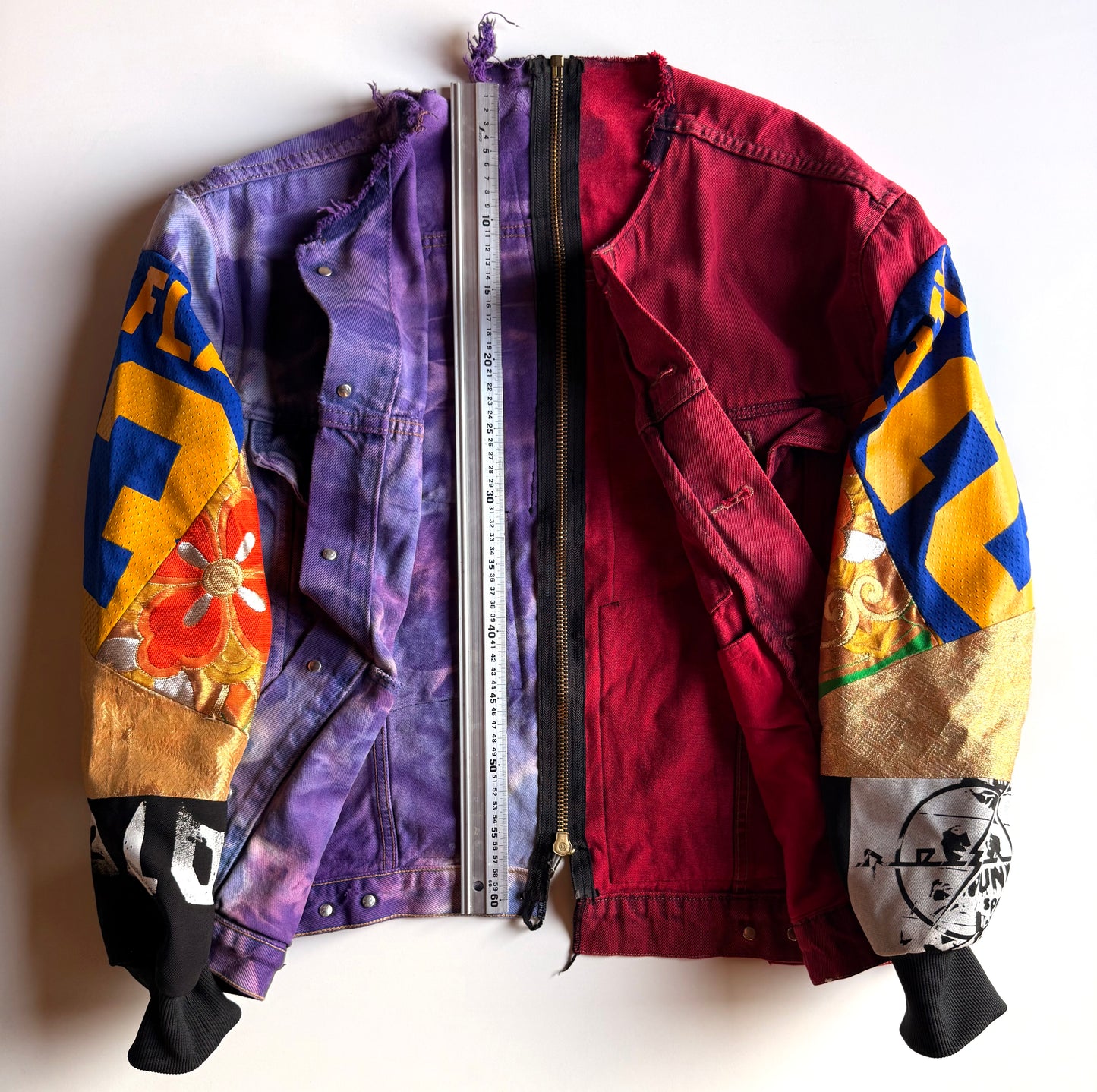 COTÉ MER Kimono Obi Patchwork Denim Remake Upcycled Jacket L XL Japanese One of One Harajuku Streetwear Wearable Art