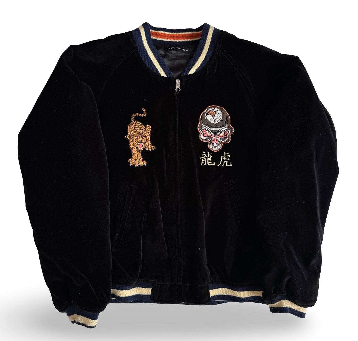 Vintage Velvet Sukajan Jacket — Tiger × Skull Embroidery, Japan Yokosuka Style Velour Souvenir Jacket