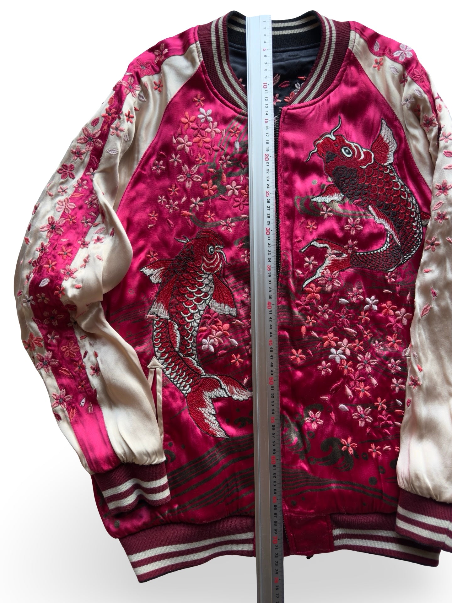 Miyabi Musubi Reversible Sukajan – Rising Koi & Hokusai Great Wave, Sakura Storm Embroidery, Japonisme Japanese Souvenir Jacket