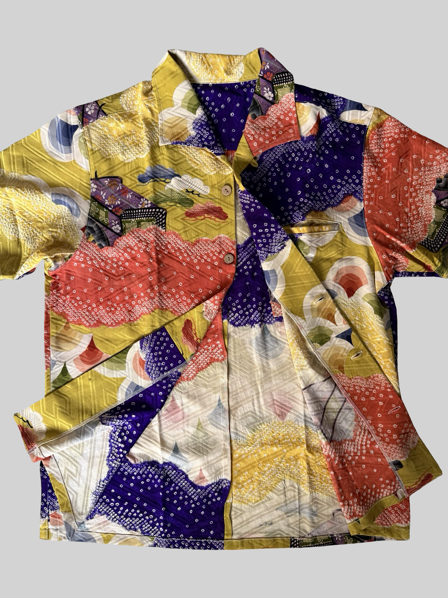 Kimono Remake Silk Aloha Shirt Gosho Guruma Imperial Carriage Shibori Cloud Pattern Handmade Japanese Vintage Textile L