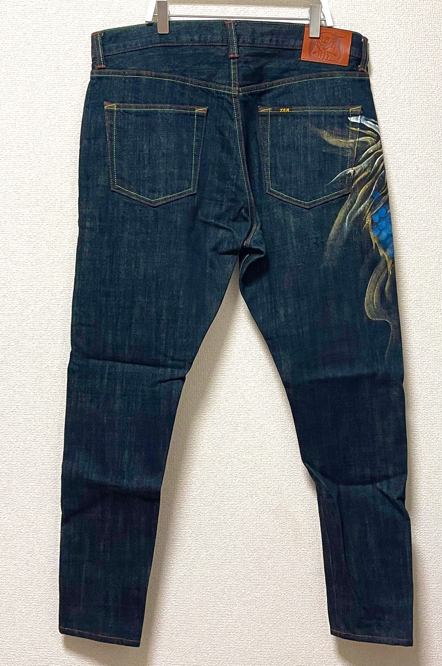 Vintage ZEN Premium Japanese Oni Shishi Hand Painted Art Denim Jeans | Made in Japan | Buddhist Guardian Yokai Streetwear