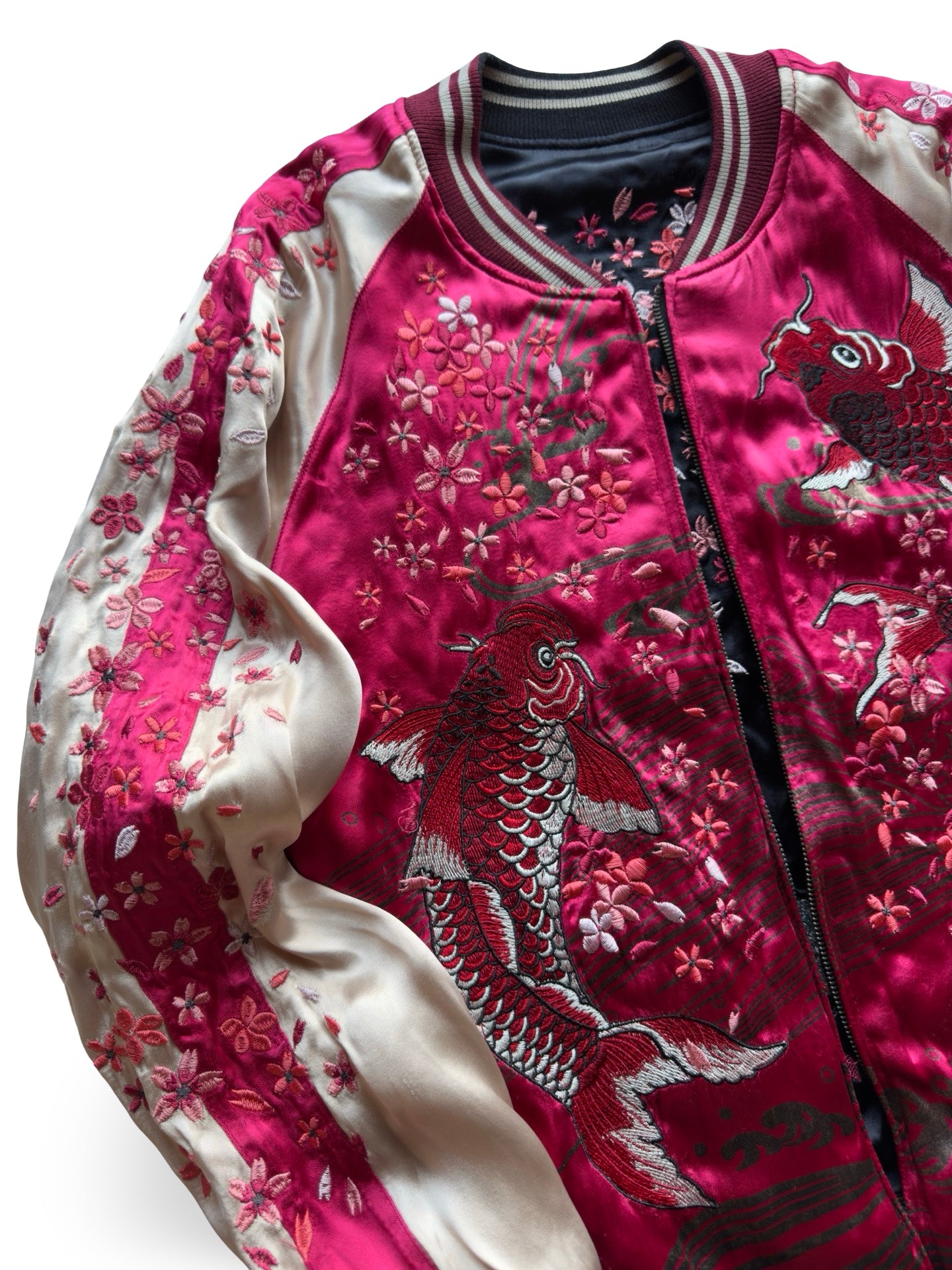 Miyabi Musubi Reversible Sukajan – Rising Koi & Hokusai Great Wave, Sakura Storm Embroidery, Japonisme Japanese Souvenir Jacket