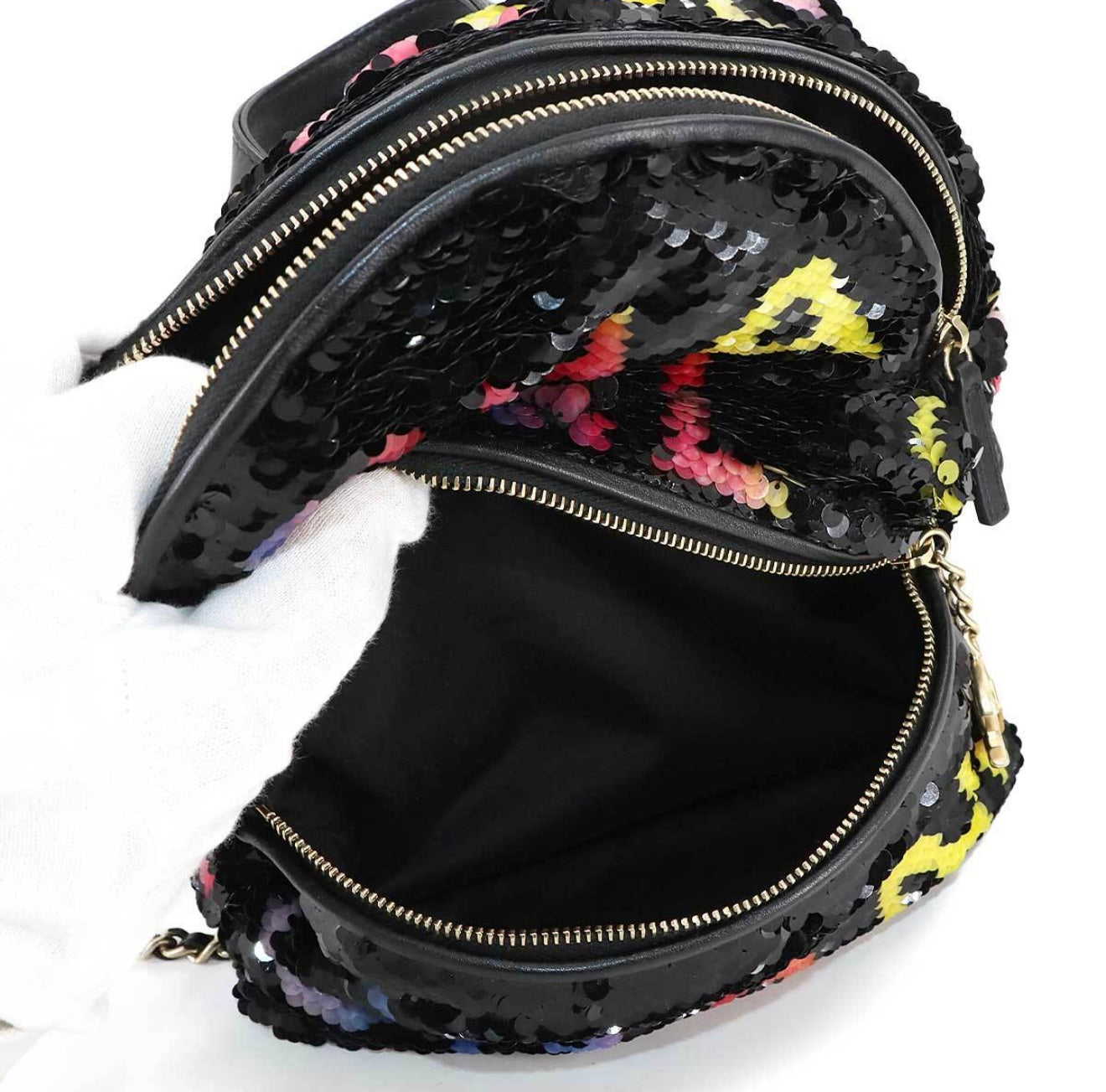CHANEL Sequin Chain Backpack Black Multicolor Graffiti Logo Lambskin Gold Hardware C3— Exhibition Unused