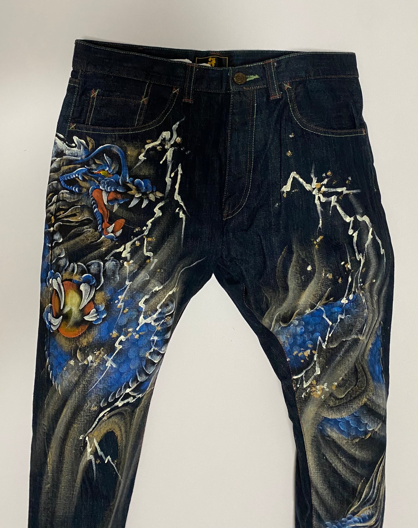 Vintage ZEN Premium Japanese Oni Shishi Hand Painted Art Denim Jeans | Made in Japan | Buddhist Guardian Yokai Streetwear