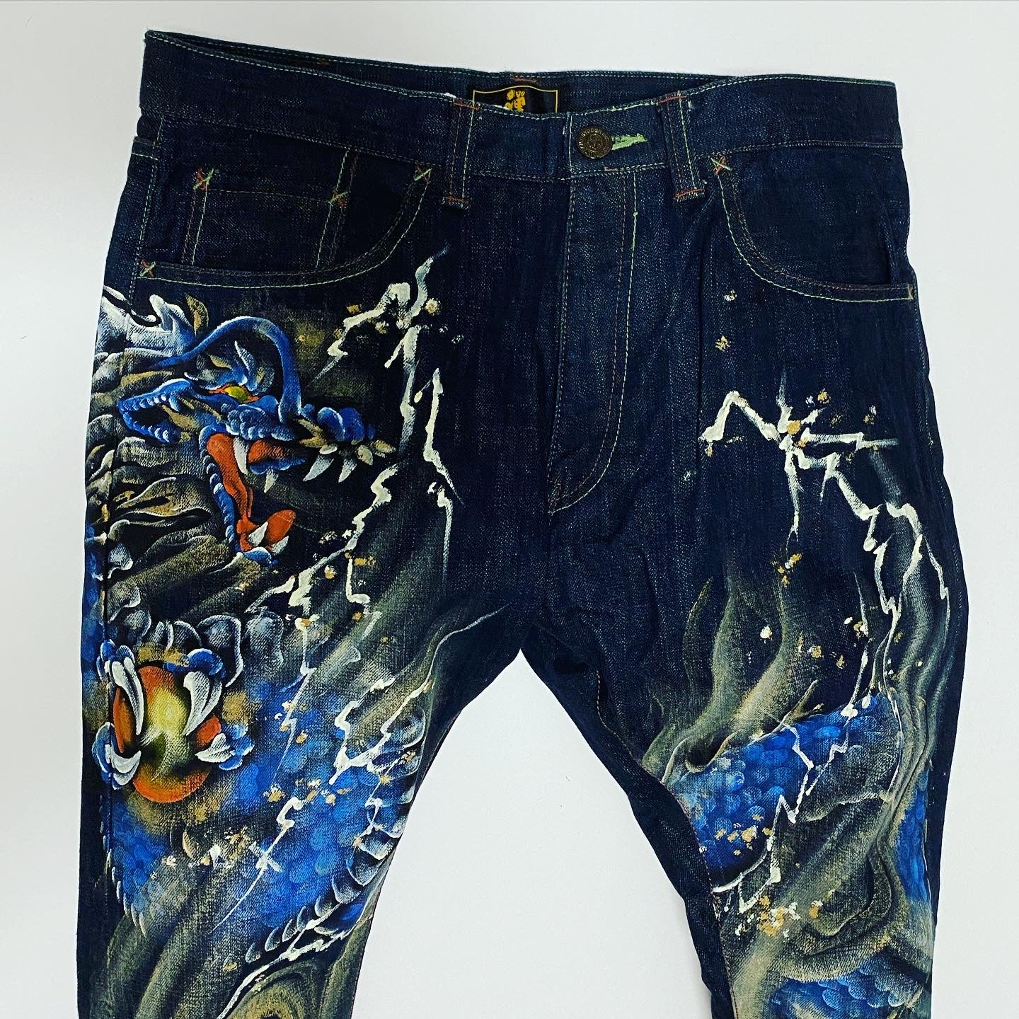 Vintage ZEN Premium Japanese Oni Shishi Hand Painted Art Denim Jeans | Made in Japan | Buddhist Guardian Yokai Streetwear