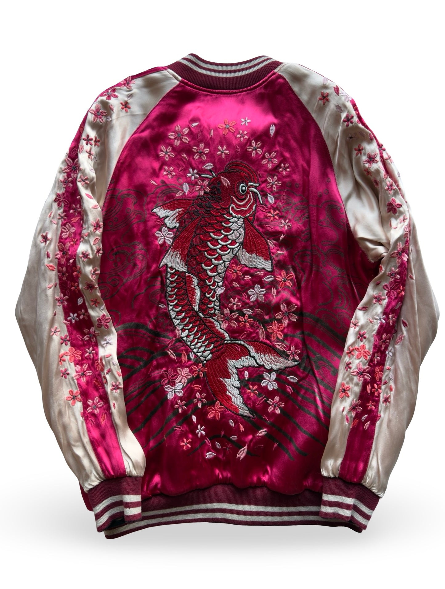 Miyabi Musubi Reversible Sukajan – Rising Koi & Hokusai Great Wave, Sakura Storm Embroidery, Japonisme Japanese Souvenir Jacket