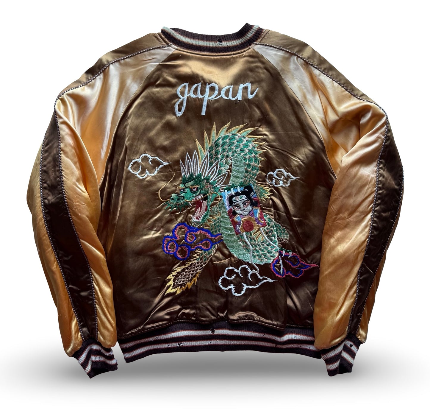 Vintage Pherrow’s Reversible Sukajan Jacket – Dragon & Warrior Embroidery / Skeleton Parade Art – Brown Gold × Beige Black (Japan Amekaji)