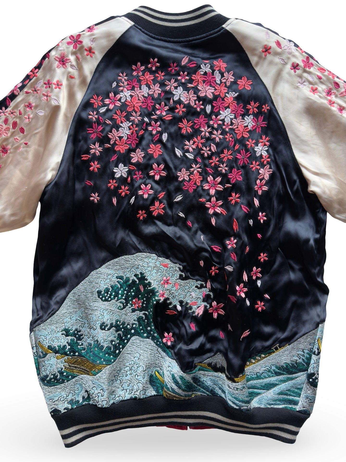 Miyabi Musubi Reversible Sukajan – Rising Koi & Hokusai Great Wave, Sakura Storm Embroidery, Japonisme Japanese Souvenir Jacket