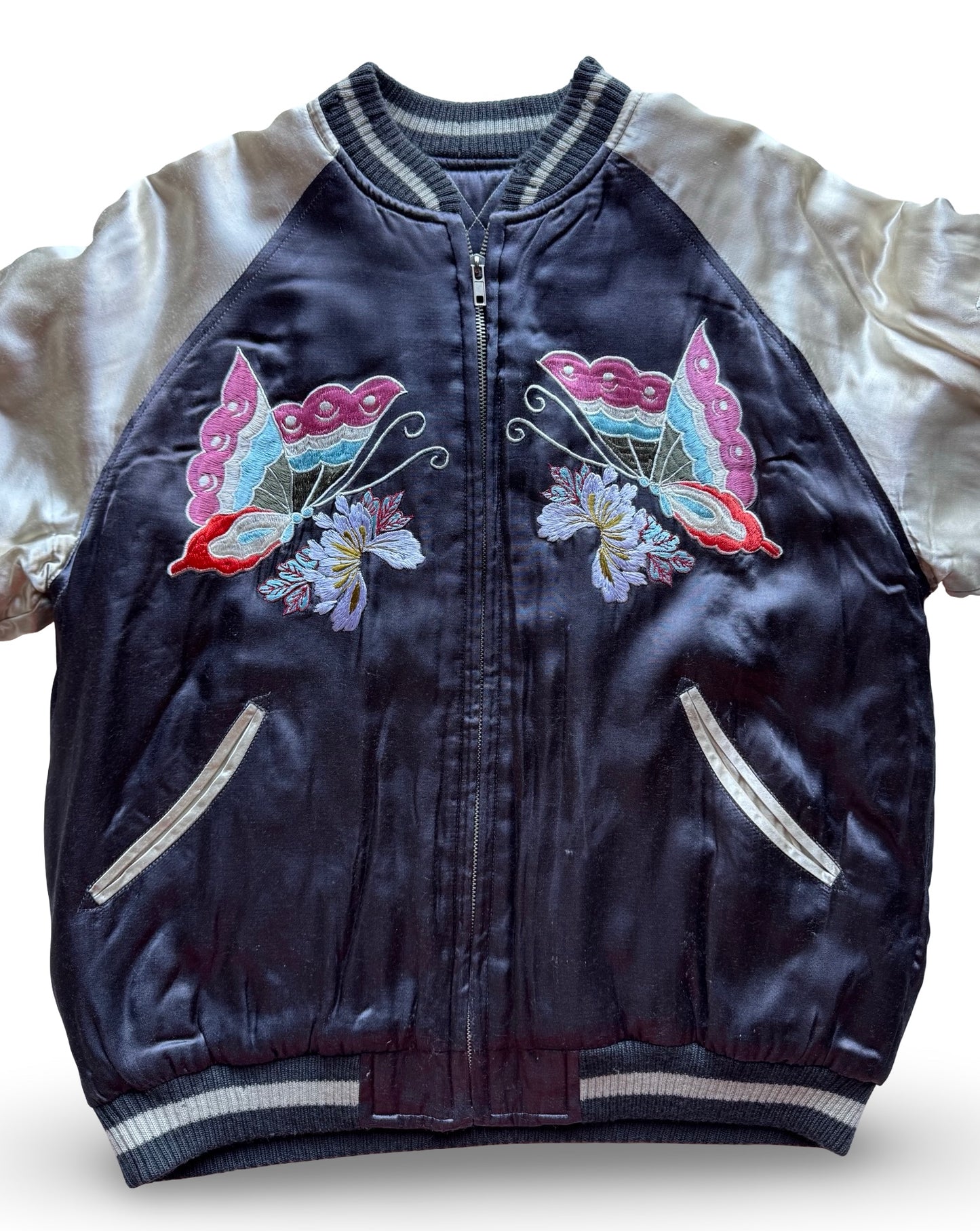 Reversible Japanese Sukajan Jacket – Butterfly & Floral Embroidery / Crane & Pine Quilted Design – Vintage Yokosuka Souvenir Jacket