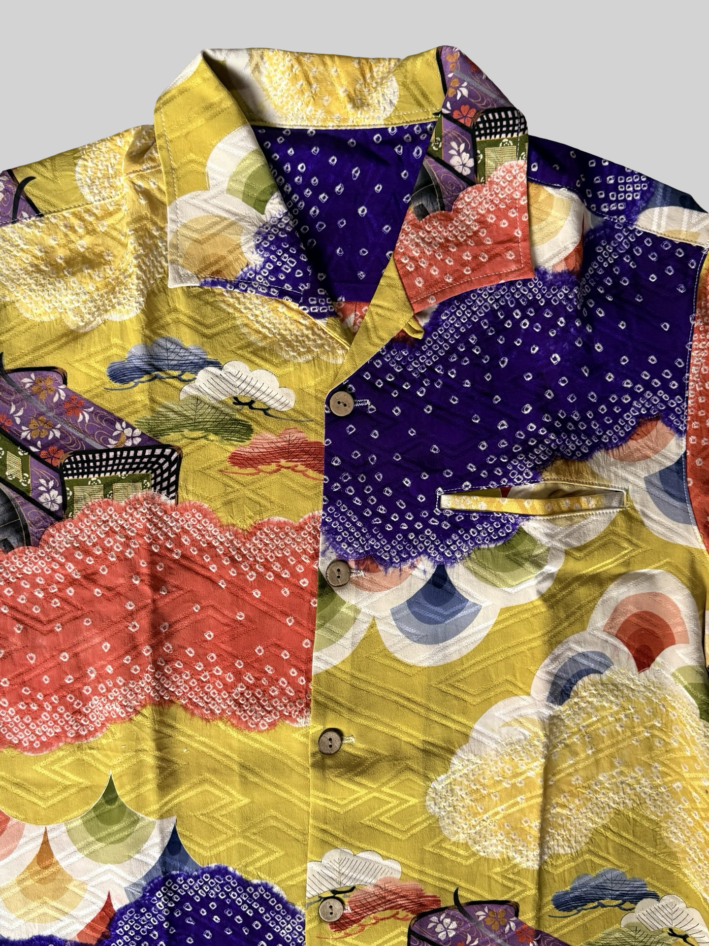Kimono Remake Silk Aloha Shirt Gosho Guruma Imperial Carriage Shibori Cloud Pattern Handmade Japanese Vintage Textile L