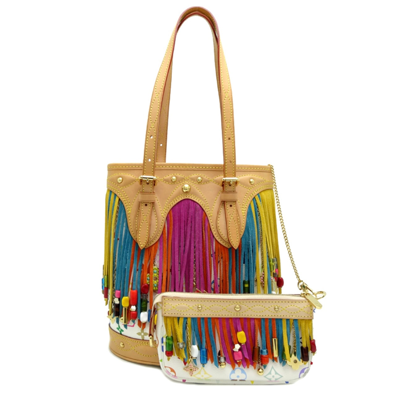 Louis Vuitton 2006 Limited Edition Bucket Fringe M40109 White Multicolor Tote + Pouch Set | Rare Monogram Vernis Fringe Bag