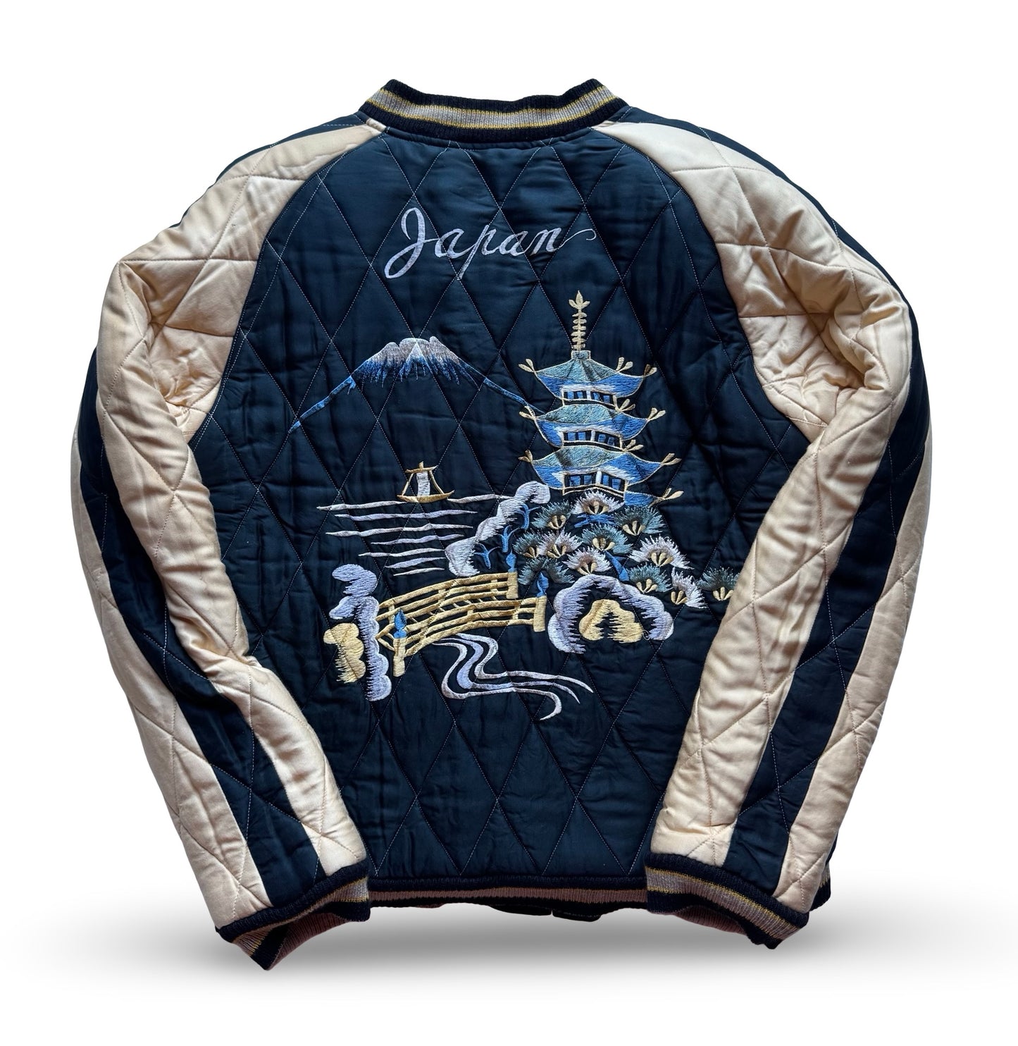 Vintage BEAMS Reversible Sukajan Jacket — Dragon & Skull Embroidery / Pagoda & Mt. Fuji Quilted Souvenir Jacket (Japan)
