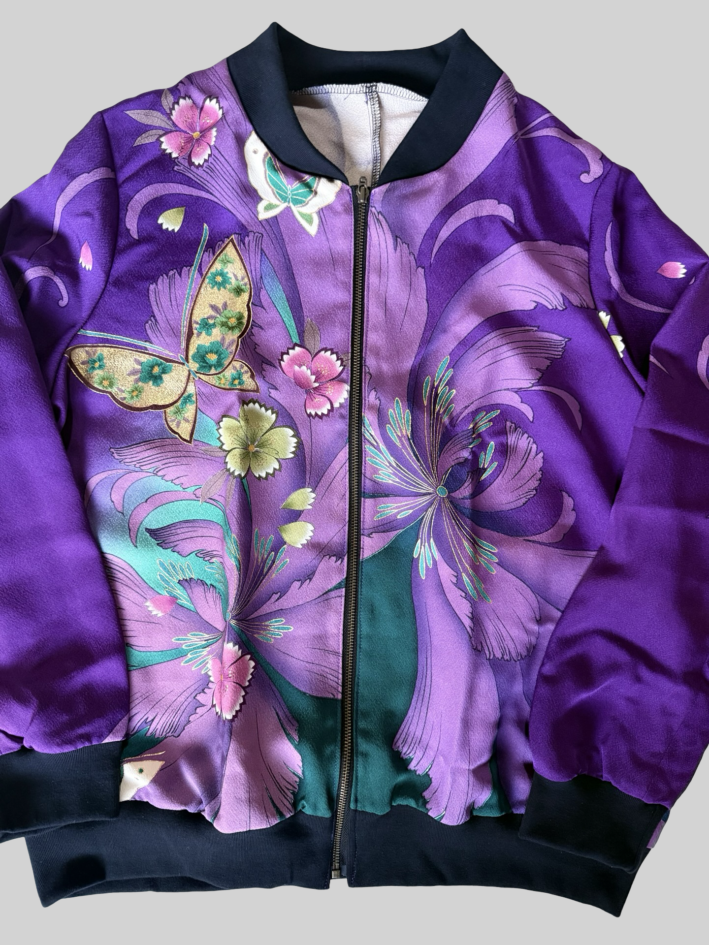 Kimono Remake Silk Bomber Jacket Purple Floral Butterfly Sukajan Japanese Upcycled Textile Art Piece