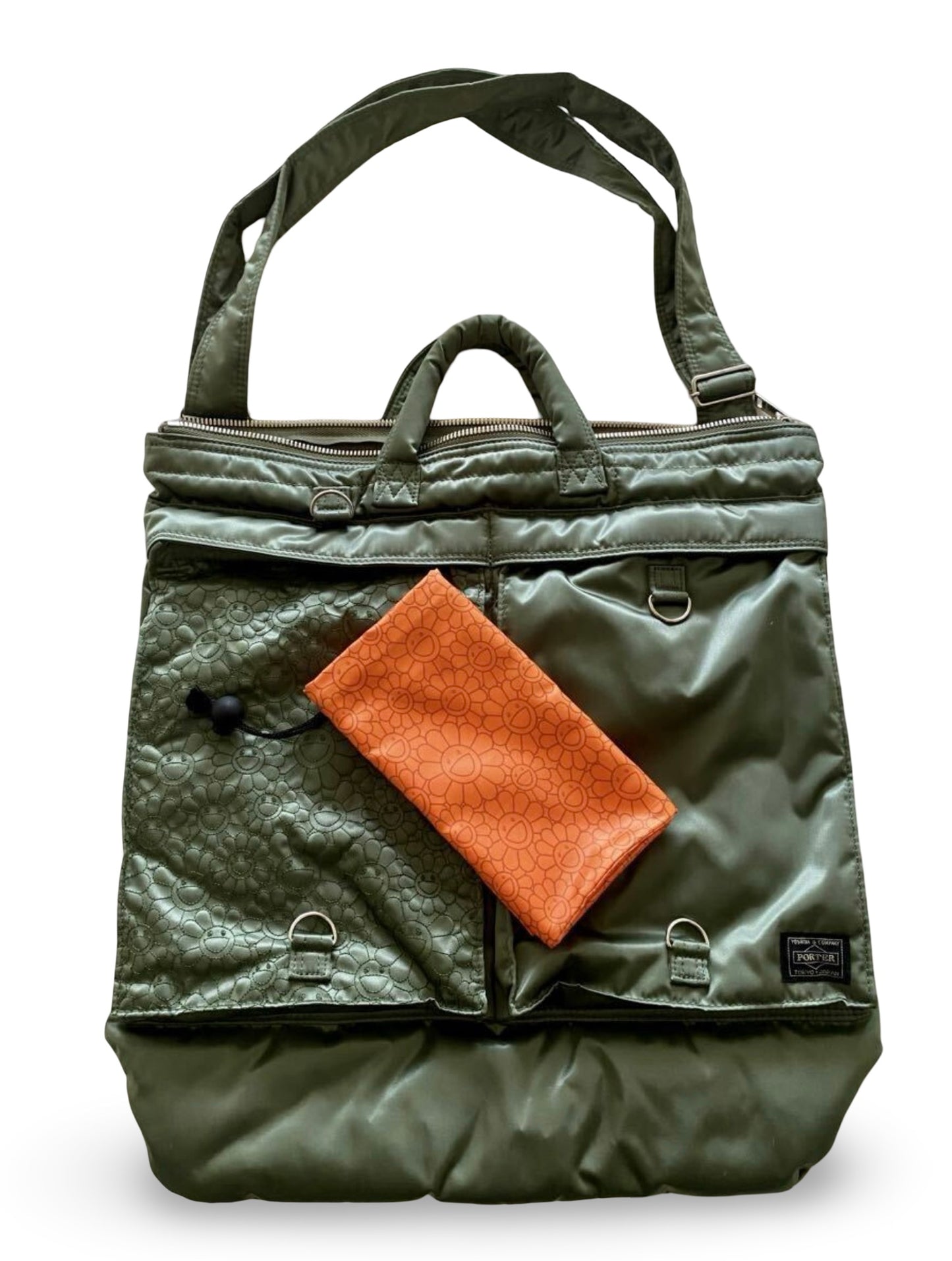 Porter × Takashi Murakami 2WAY Helmet Bag Khaki Double Flower Limited Yoshida Company TM Collaboration Shoulder Tote