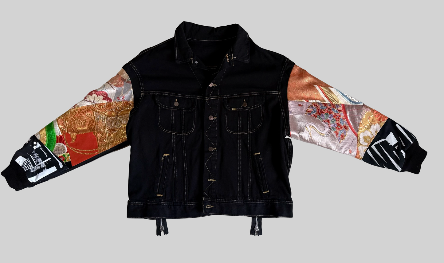 COTE MER Kimono Obi Remake Denim Jacket Silk Brocade Patchwork Japanese Upcycled Designer Jacket L XL