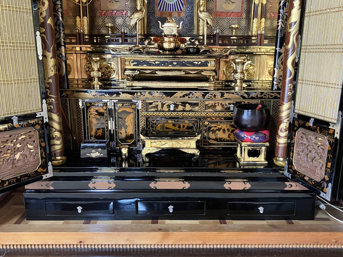 Monumental Three-Way-Opening Gold Butsudan — Grand Guden-Style Architectural Sanctum with Makie-Style Black Lacquer & Gilded Interior (Approx. 208 cm H / 132 cm W) — Temple / Estate Installation Class