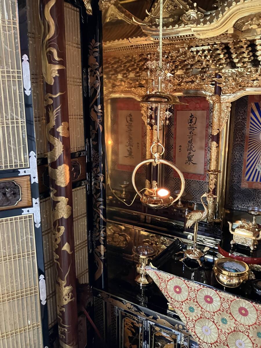 Monumental Three-Way-Opening Gold Butsudan — Grand Guden-Style Architectural Sanctum with Makie-Style Black Lacquer & Gilded Interior (Approx. 208 cm H / 132 cm W) — Temple / Estate Installation Class