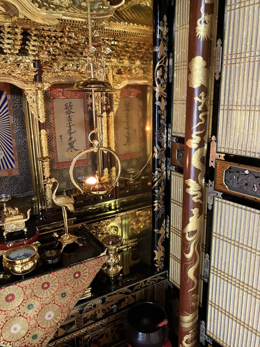 Monumental Three-Way-Opening Gold Butsudan — Grand Guden-Style Architectural Sanctum with Makie-Style Black Lacquer & Gilded Interior (Approx. 208 cm H / 132 cm W) — Temple / Estate Installation Class