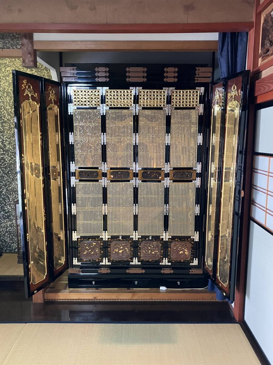 Monumental Three-Way-Opening Gold Butsudan — Grand Guden-Style Architectural Sanctum with Makie-Style Black Lacquer & Gilded Interior (Approx. 208 cm H / 132 cm W) — Temple / Estate Installation Class