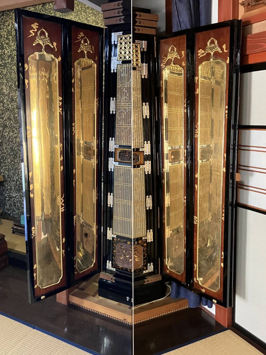 Monumental Three-Way-Opening Gold Butsudan — Grand Guden-Style Architectural Sanctum with Makie-Style Black Lacquer & Gilded Interior (Approx. 208 cm H / 132 cm W) — Temple / Estate Installation Class