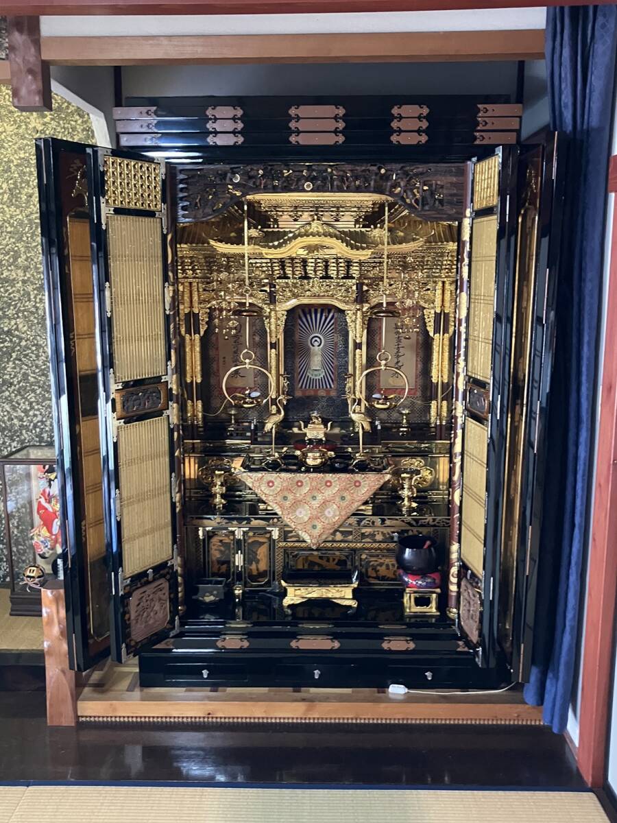 Monumental Three-Way-Opening Gold Butsudan — Grand Guden-Style Architectural Sanctum with Makie-Style Black Lacquer & Gilded Interior (Approx. 208 cm H / 132 cm W) — Temple / Estate Installation Class