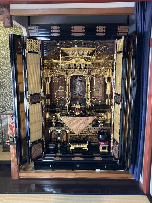 Monumental Three-Way-Opening Gold Butsudan — Grand Guden-Style Architectural Sanctum with Makie-Style Black Lacquer & Gilded Interior (Approx. 208 cm H / 132 cm W) — Temple / Estate Installation Class