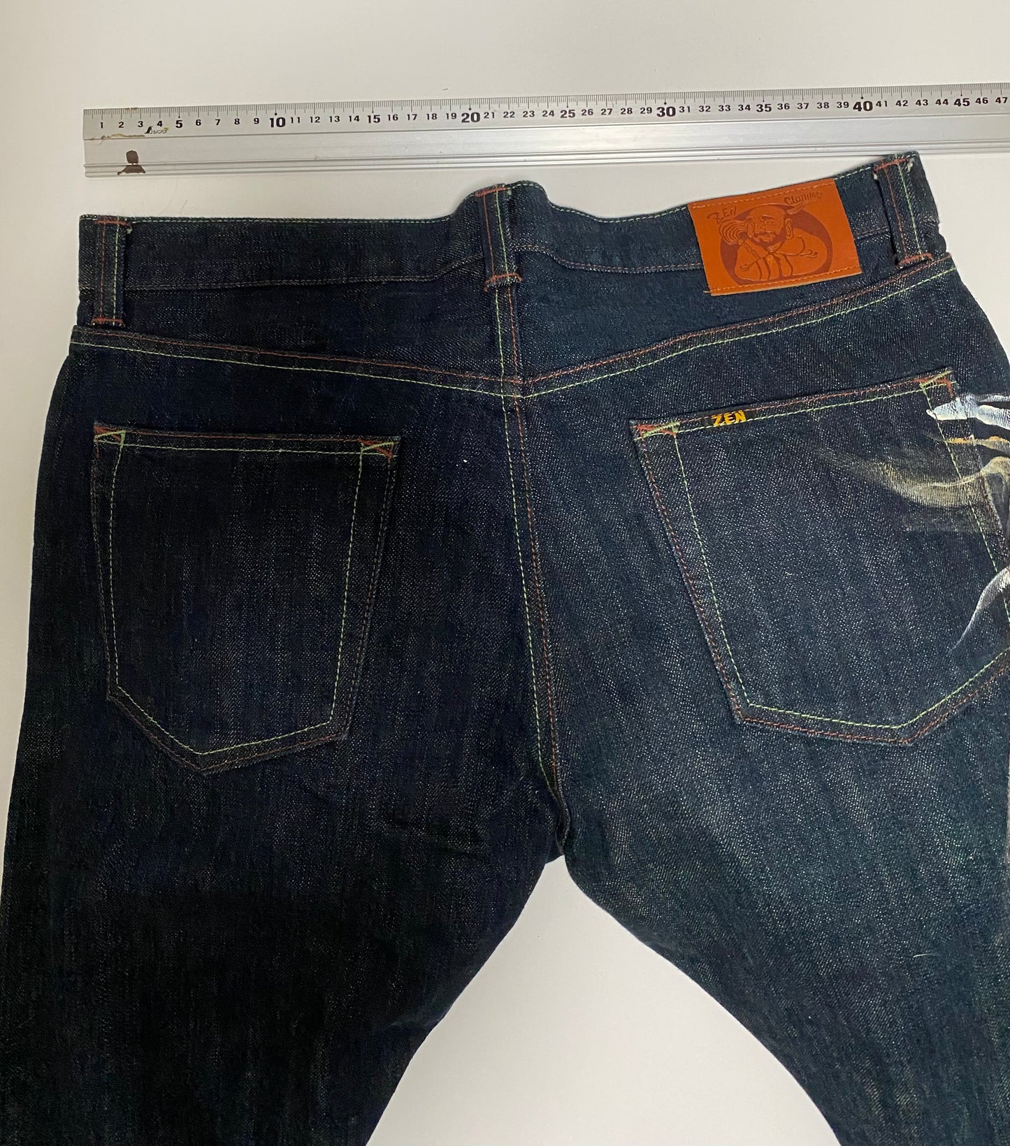 Vintage ZEN Premium Japanese Oni Shishi Hand Painted Art Denim Jeans | Made in Japan | Buddhist Guardian Yokai Streetwear