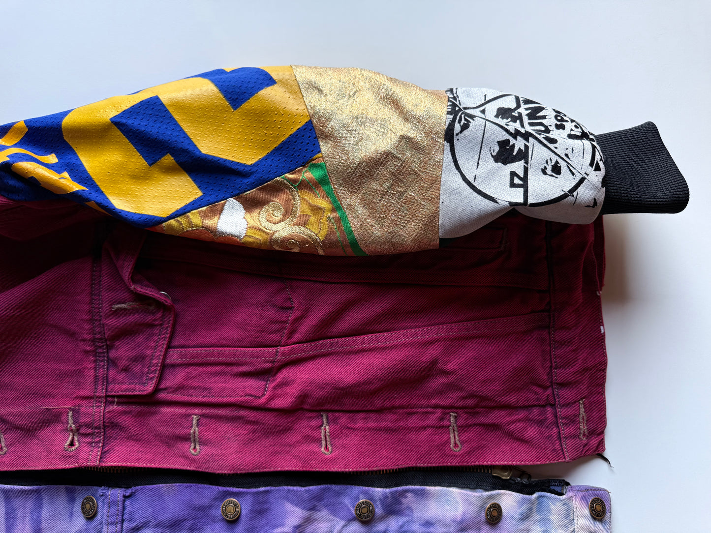 COTÉ MER Kimono Obi Patchwork Denim Remake Upcycled Jacket L XL Japanese One of One Harajuku Streetwear Wearable Art