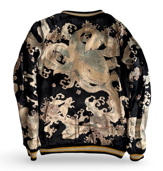 Chikiriya Reversible Velvet Ukiyo-e Sukajan — Wagara Frog & Lotus × Ukiyo-e Whale Wave Art | Kyoto Traditional Embroidery Jacket