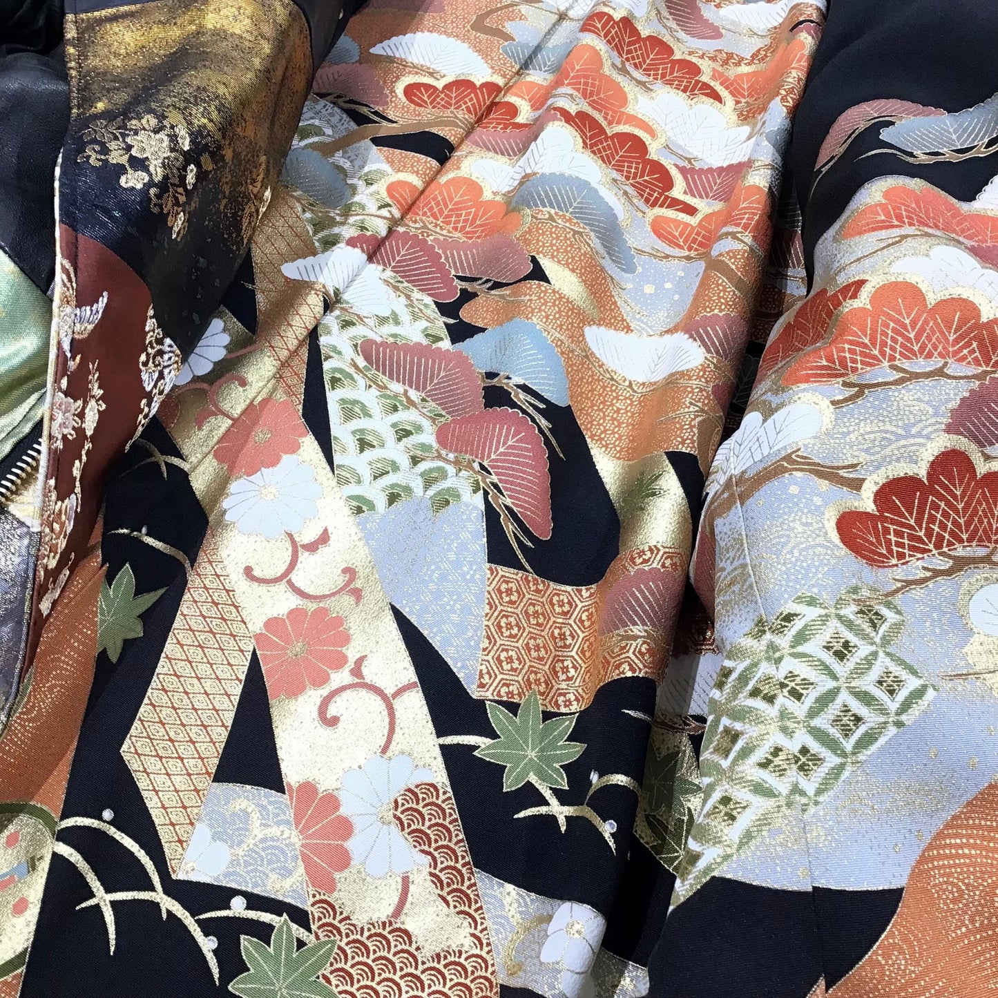 Bespoke Hypebeast Japanese Remake Vintage Handmade Custom One and Only One Cote Mer Wagara Upcycle Sustainable Street Fashion Embroidered Embroidery Kimono Obi Boro Style  x Leather Biker Riders Blouson Jacket ( Size : XL )