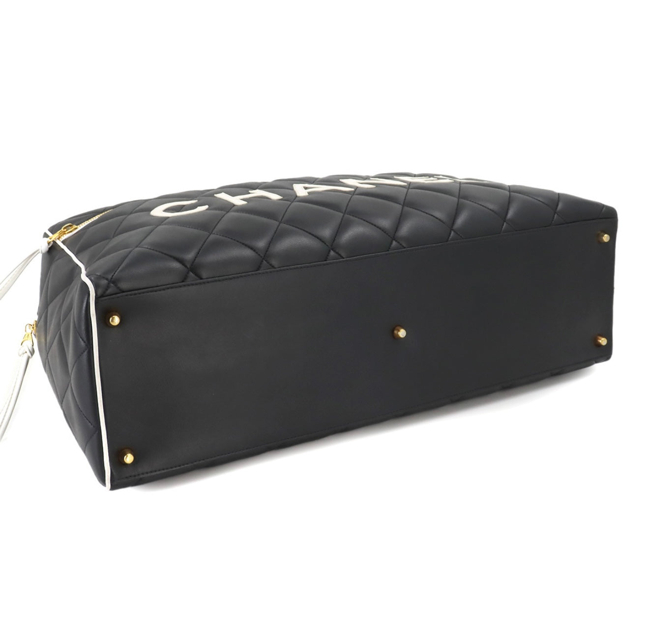 CHANEL Matelassé Logo Boston Bag A05943 Black × White – Vintage Gold Hardware – 1990s Large Quilted Travel Boston Tote – Authentic CHANEL Collector Bag